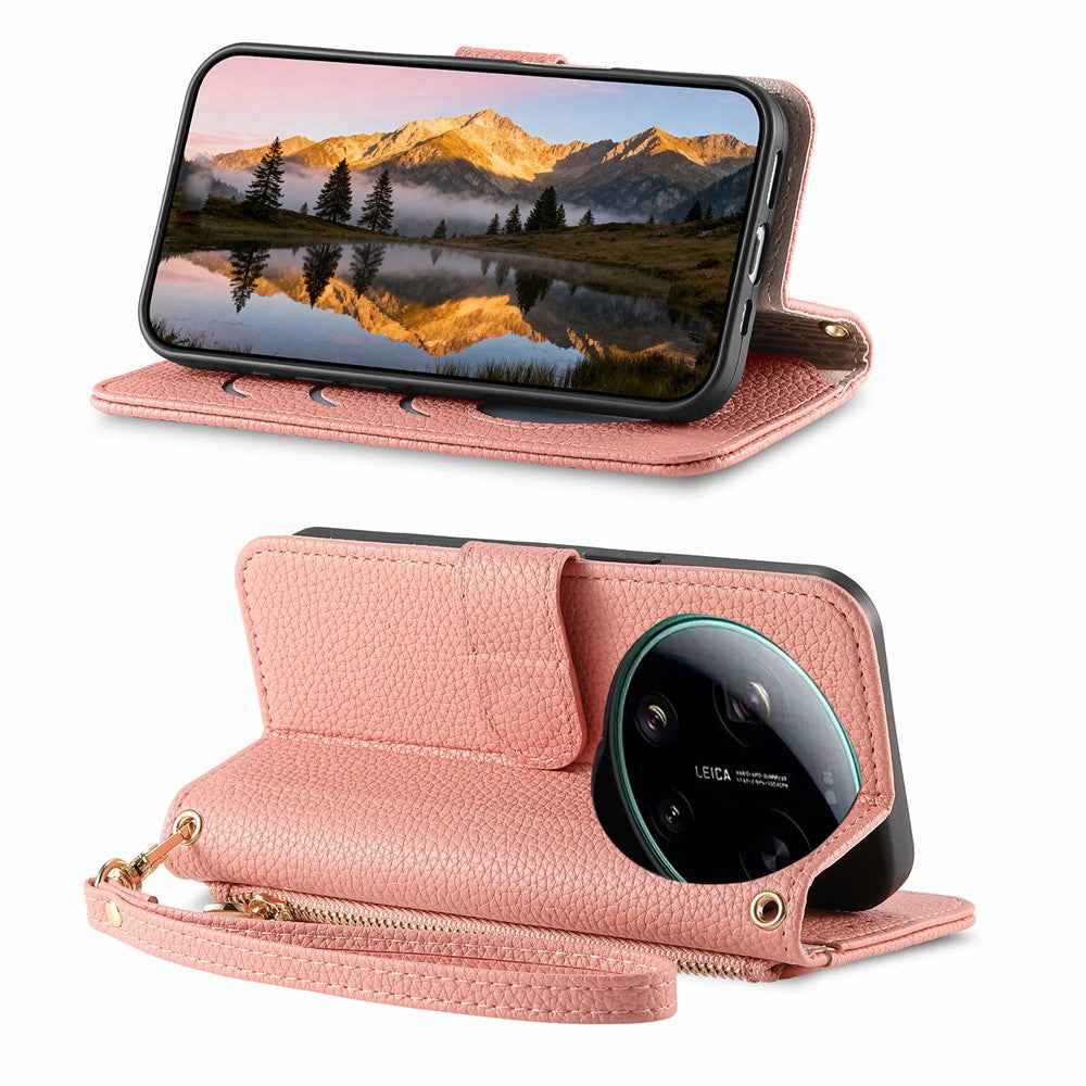 For Xiaomi 17 Ultra 5G Case Zipper Wallet Stand Heart Pattern PU Leather Phone Cover with Wrist Strap - Pink