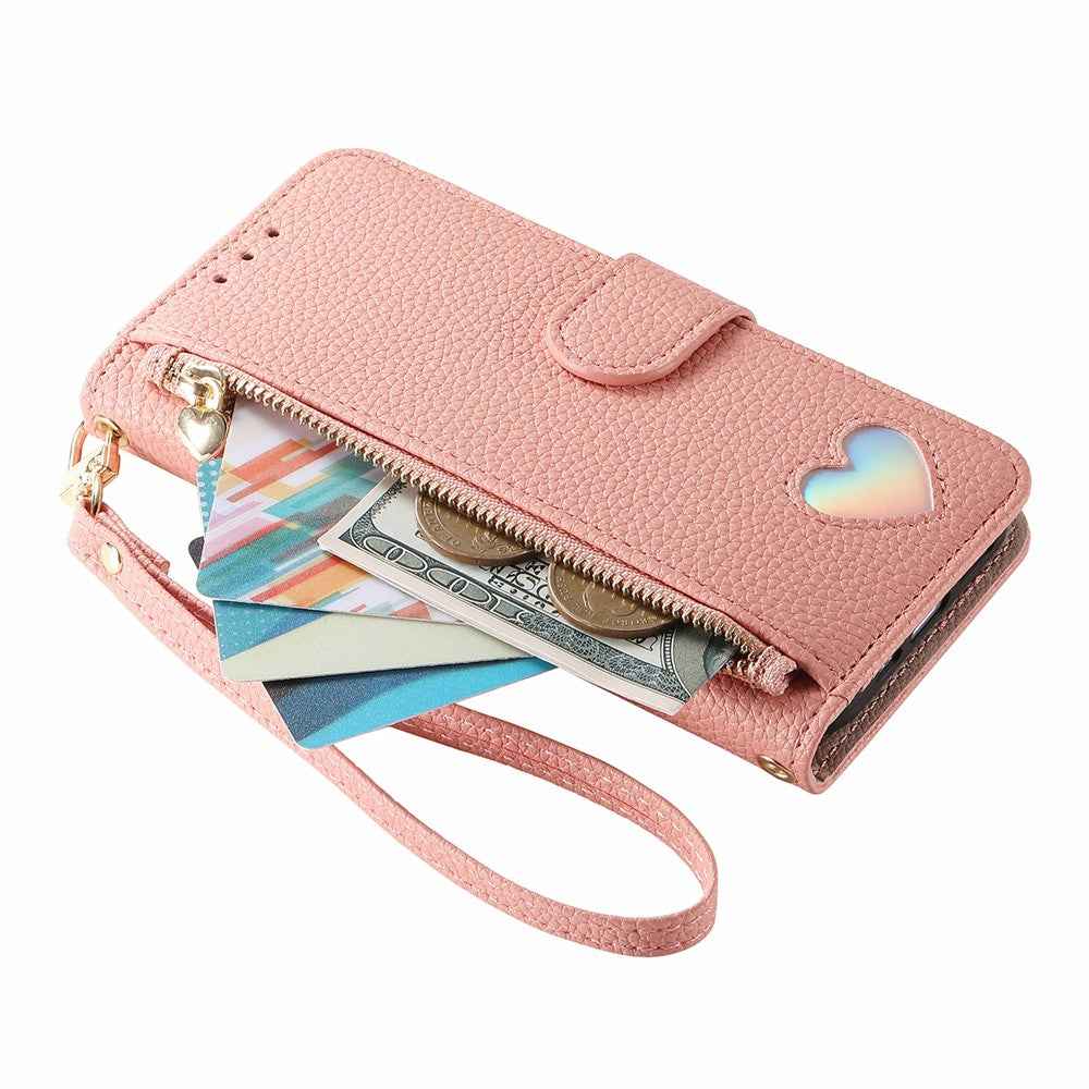 For Xiaomi 17 Ultra 5G Case Zipper Wallet Stand Heart Pattern PU Leather Phone Cover with Wrist Strap - Pink