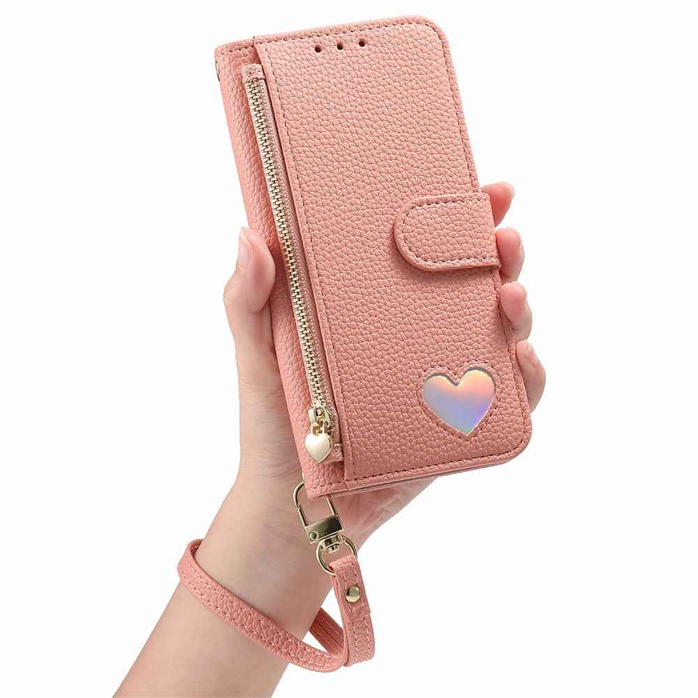For Xiaomi 17 Ultra 5G Case Zipper Wallet Stand Heart Pattern PU Leather Phone Cover with Wrist Strap - Pink