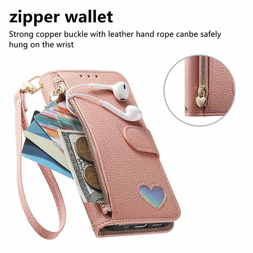 For Xiaomi 17 Ultra 5G Case Zipper Wallet Stand Heart Pattern PU Leather Phone Cover with Wrist Strap - Pink