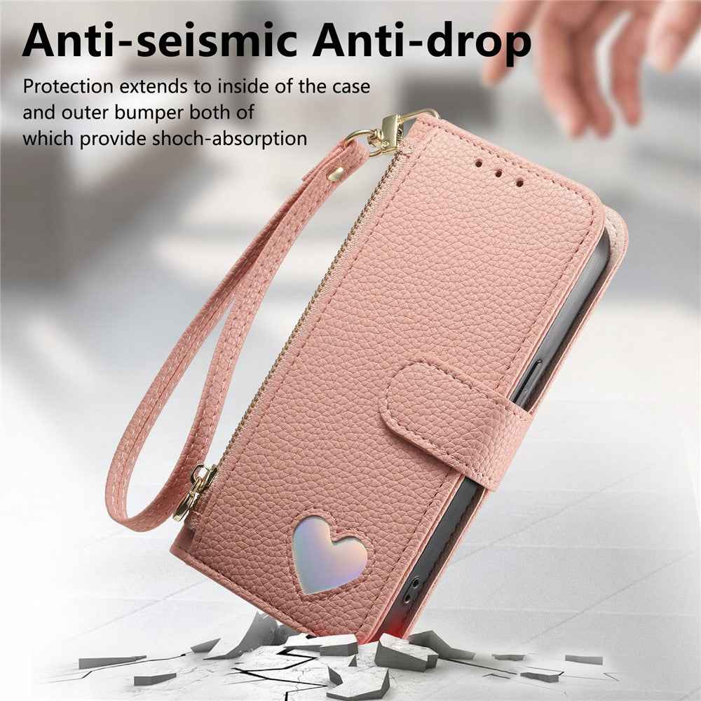 For Xiaomi 17 Ultra 5G Case Zipper Wallet Stand Heart Pattern PU Leather Phone Cover with Wrist Strap - Pink