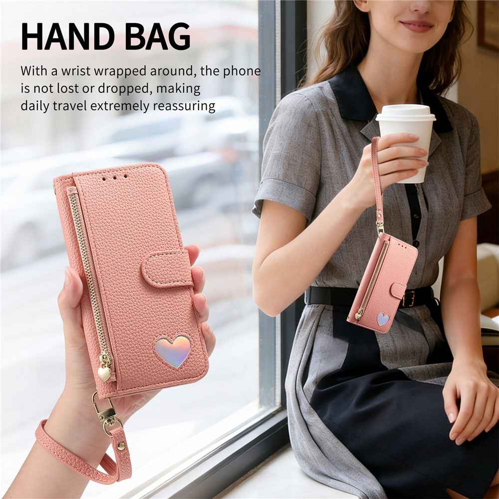 For Xiaomi 17 Ultra 5G Case Zipper Wallet Stand Heart Pattern PU Leather Phone Cover with Wrist Strap - Pink
