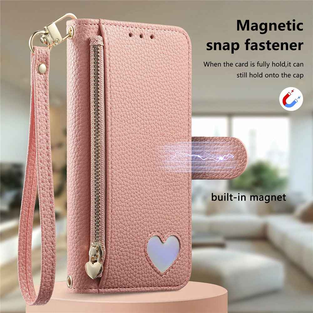 For Xiaomi 17 Ultra 5G Case Zipper Wallet Stand Heart Pattern PU Leather Phone Cover with Wrist Strap - Pink