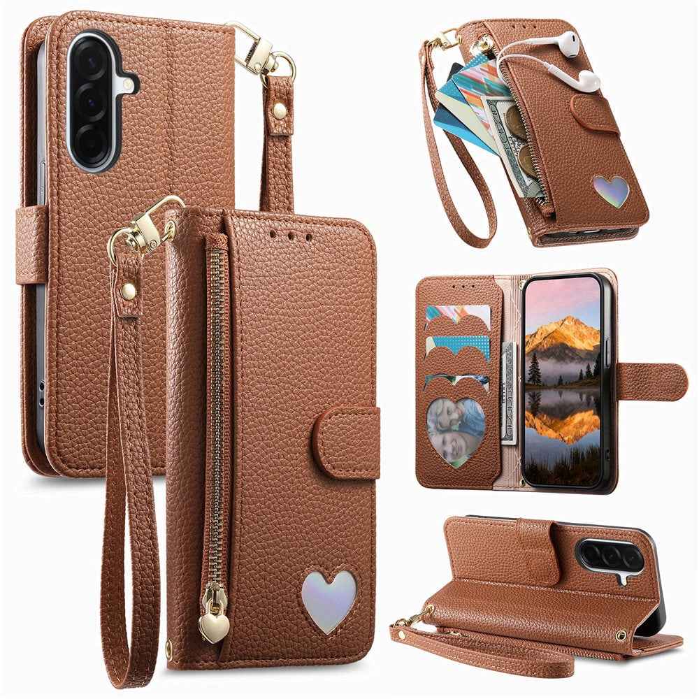 For Samsung Galaxy A57 5G Case Zipper Pocket  TPU PU Leather Wallet Phone Cover with Strap - Brown