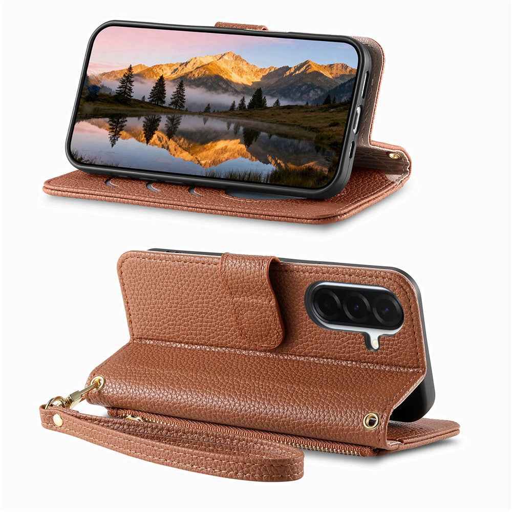 For Samsung Galaxy A57 5G Case Zipper Pocket  TPU PU Leather Wallet Phone Cover with Strap - Brown