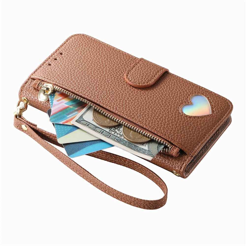 For Samsung Galaxy A57 5G Case Zipper Pocket  TPU PU Leather Wallet Phone Cover with Strap - Brown