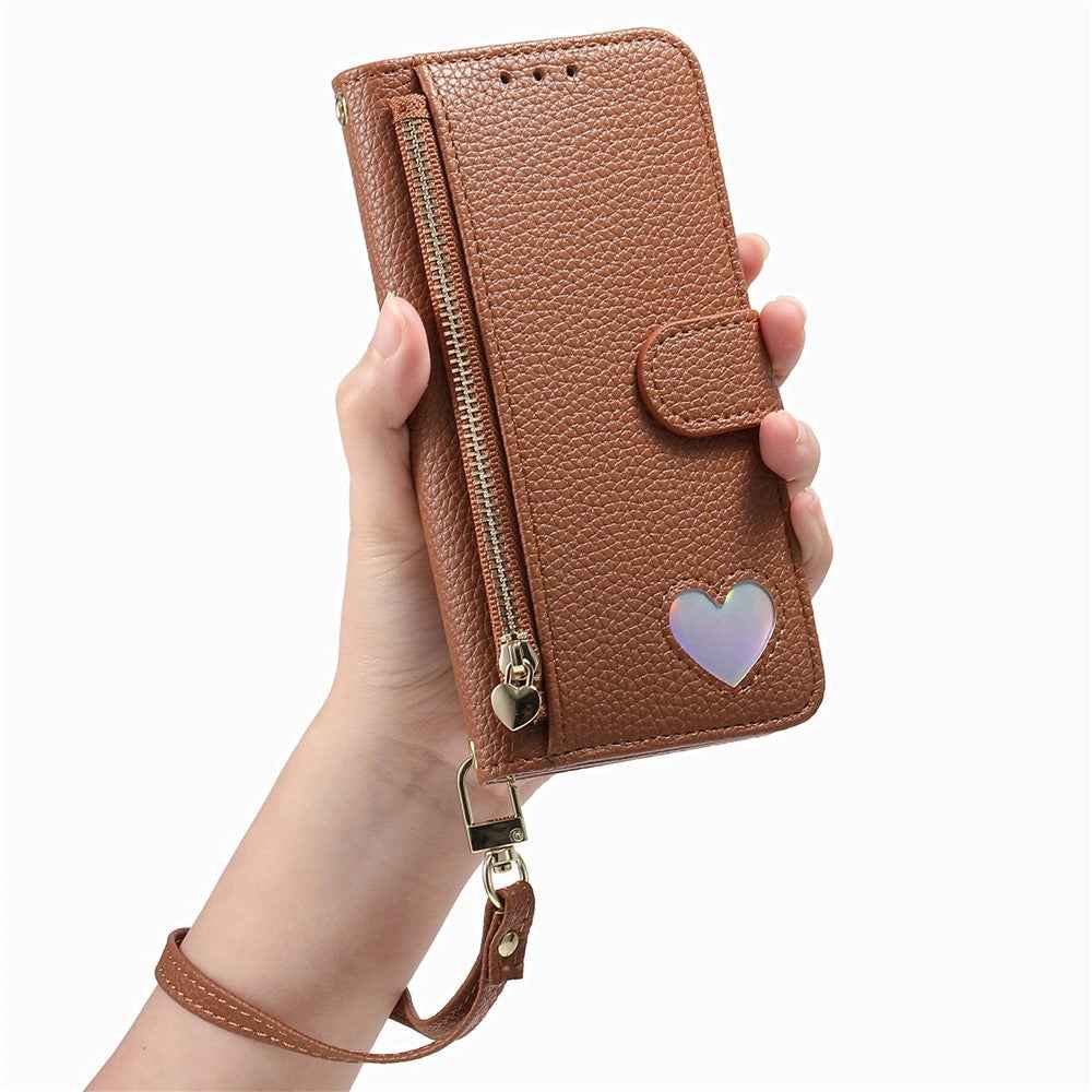 For Samsung Galaxy A57 5G Case Zipper Pocket  TPU PU Leather Wallet Phone Cover with Strap - Brown