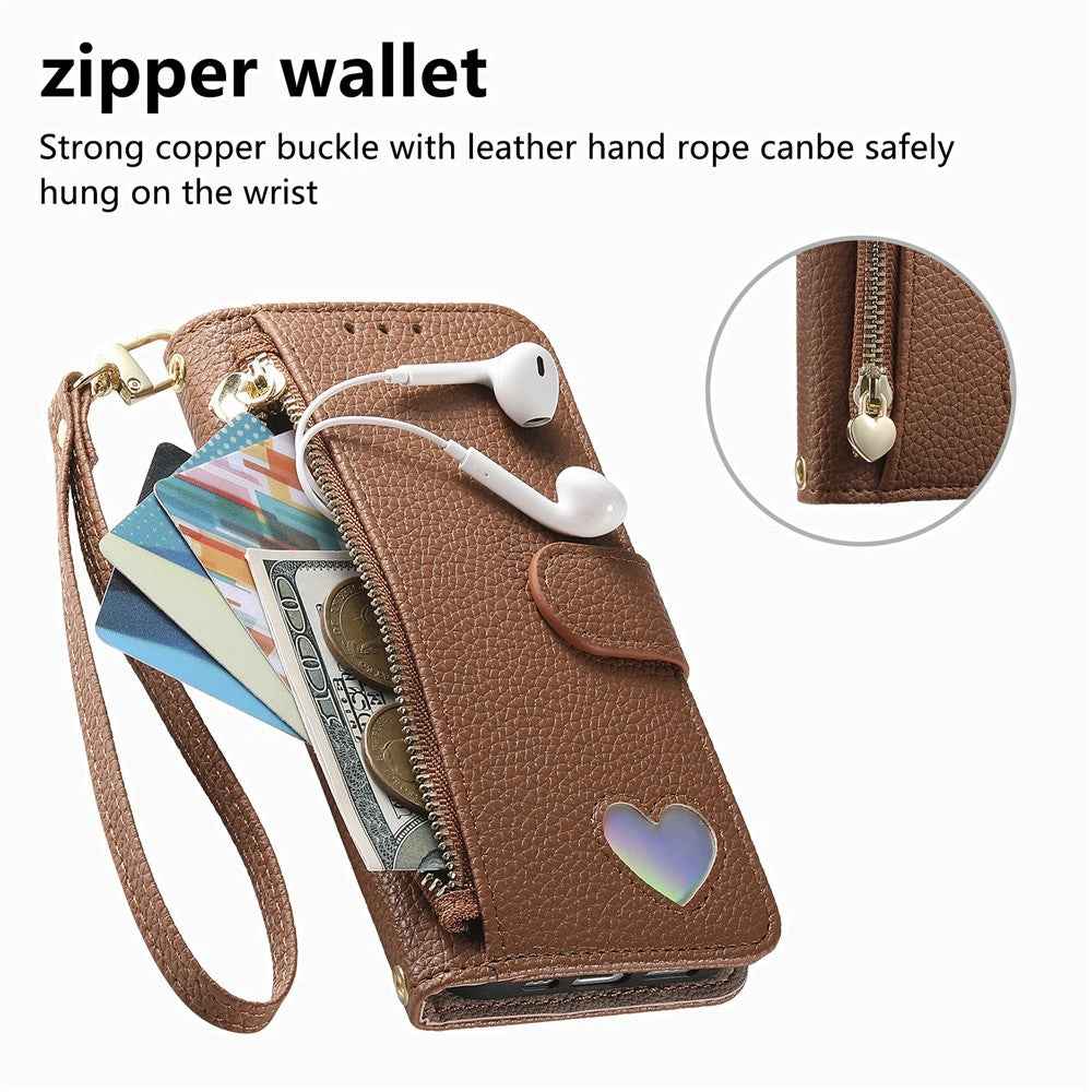 For Samsung Galaxy A57 5G Case Zipper Pocket  TPU PU Leather Wallet Phone Cover with Strap - Brown