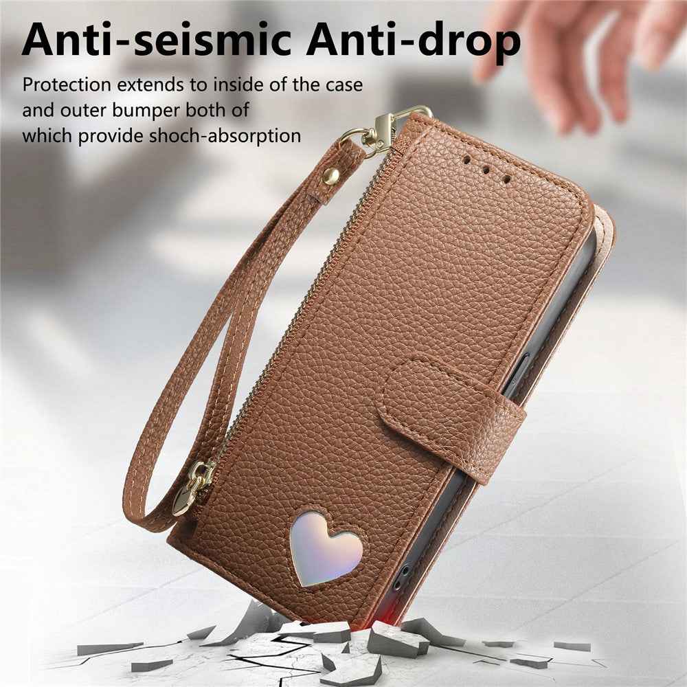 For Samsung Galaxy A57 5G Case Zipper Pocket  TPU PU Leather Wallet Phone Cover with Strap - Brown