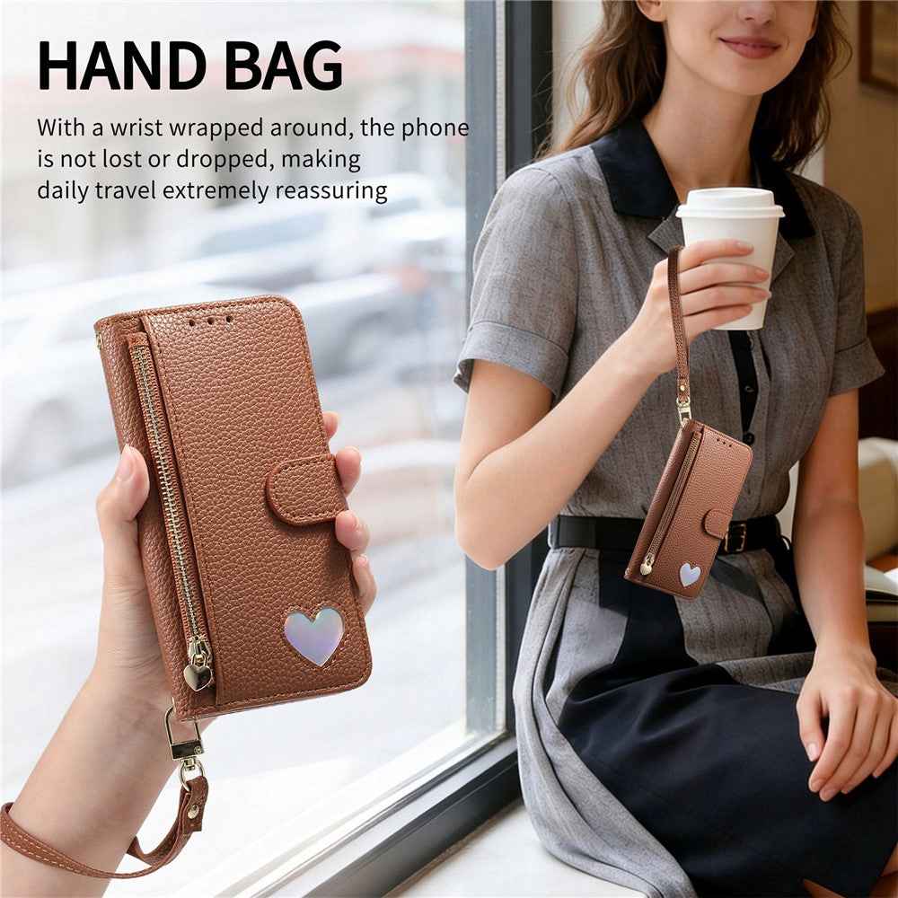 For Samsung Galaxy A57 5G Case Zipper Pocket  TPU PU Leather Wallet Phone Cover with Strap - Brown