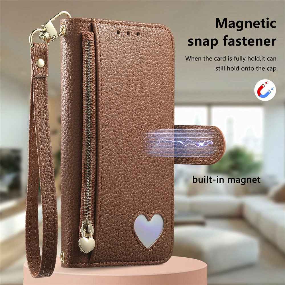 For Samsung Galaxy A57 5G Case Zipper Pocket  TPU PU Leather Wallet Phone Cover with Strap - Brown