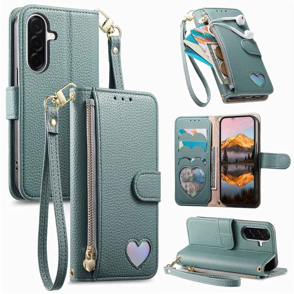 For Samsung Galaxy A57 5G Case Zipper Pocket  TPU PU Leather Wallet Phone Cover with Strap - Blue
