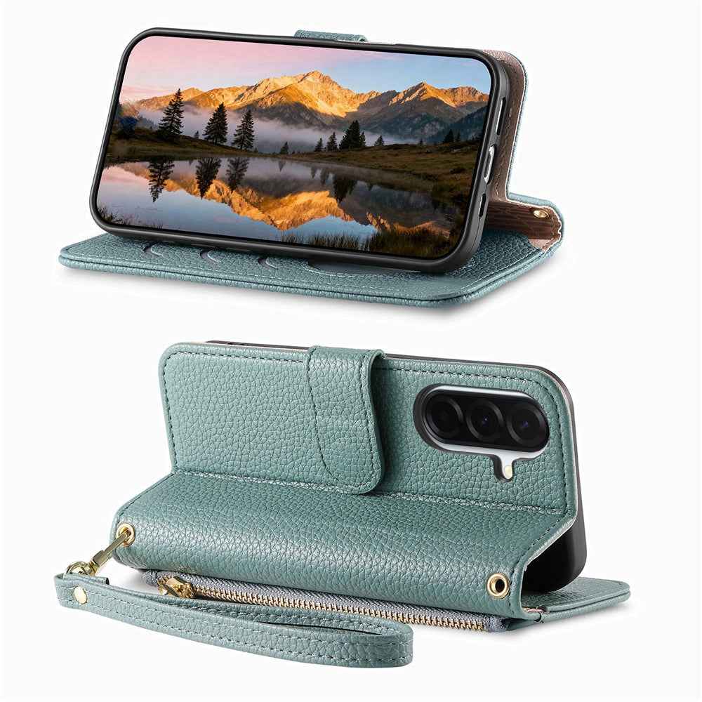 For Samsung Galaxy A57 5G Case Zipper Pocket  TPU PU Leather Wallet Phone Cover with Strap - Blue