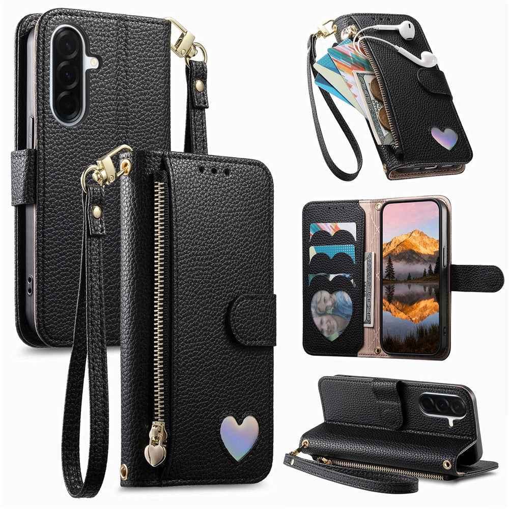For Samsung Galaxy A57 5G Case Zipper Pocket  TPU PU Leather Wallet Phone Cover with Strap - Black