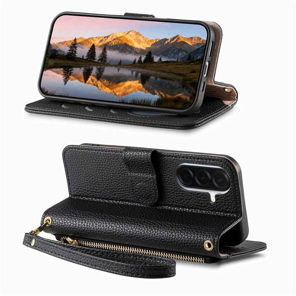 For Samsung Galaxy A57 5G Case Zipper Pocket  TPU PU Leather Wallet Phone Cover with Strap - Black