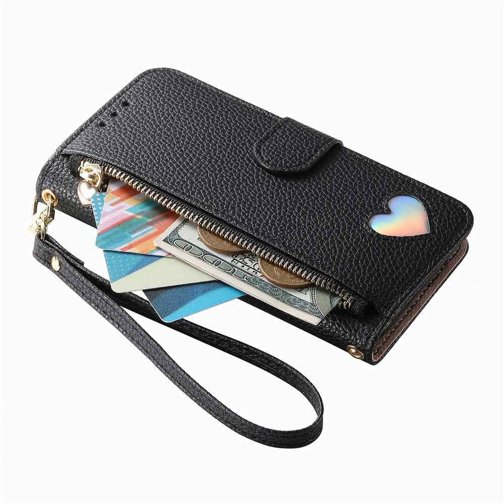For Samsung Galaxy A57 5G Case Zipper Pocket  TPU PU Leather Wallet Phone Cover with Strap - Black