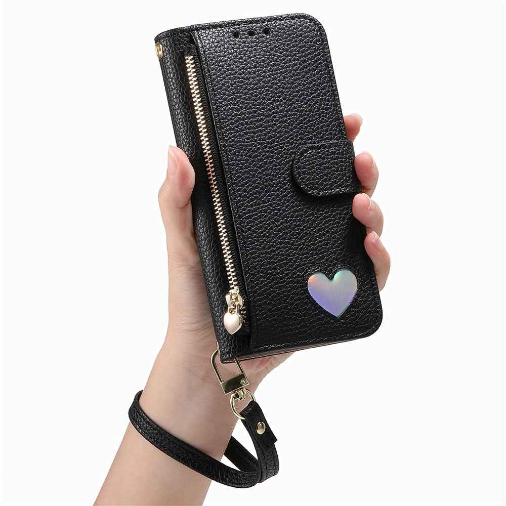 For Samsung Galaxy A57 5G Case Zipper Pocket  TPU PU Leather Wallet Phone Cover with Strap - Black