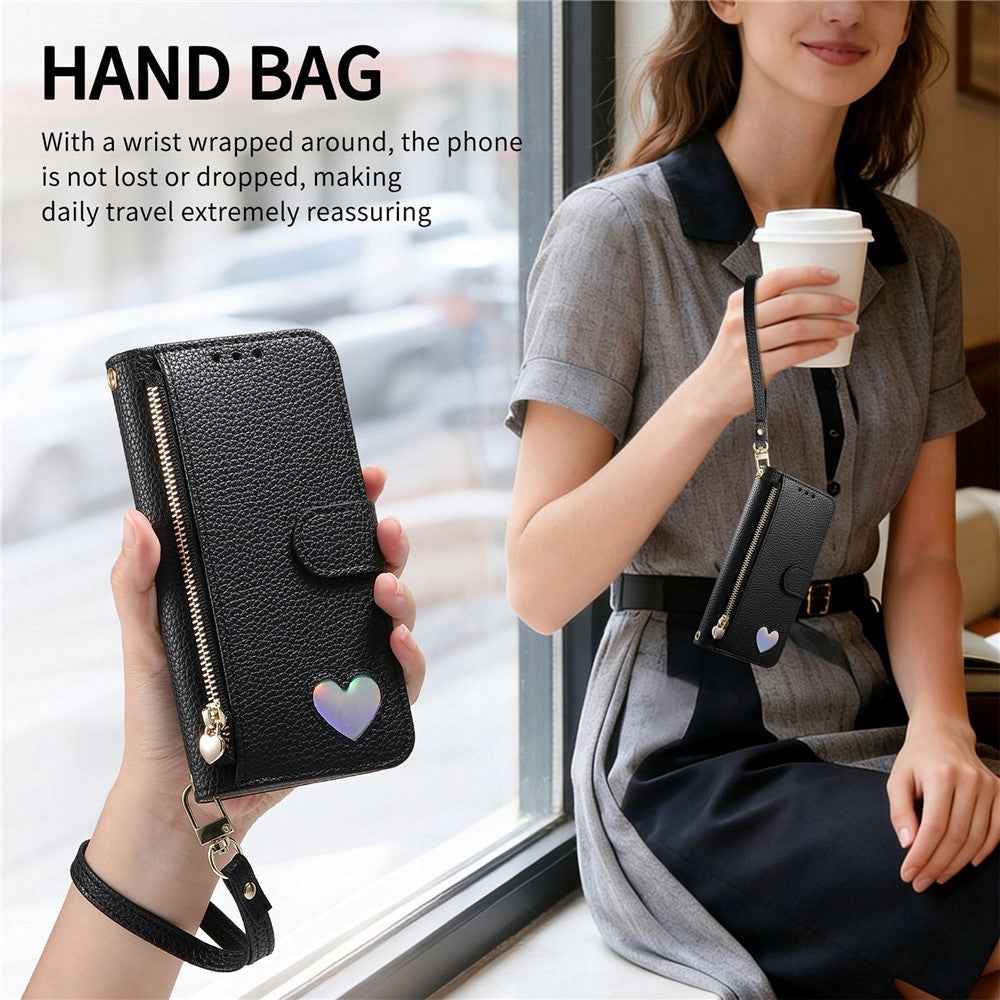 For Samsung Galaxy A57 5G Case Zipper Pocket  TPU PU Leather Wallet Phone Cover with Strap - Black