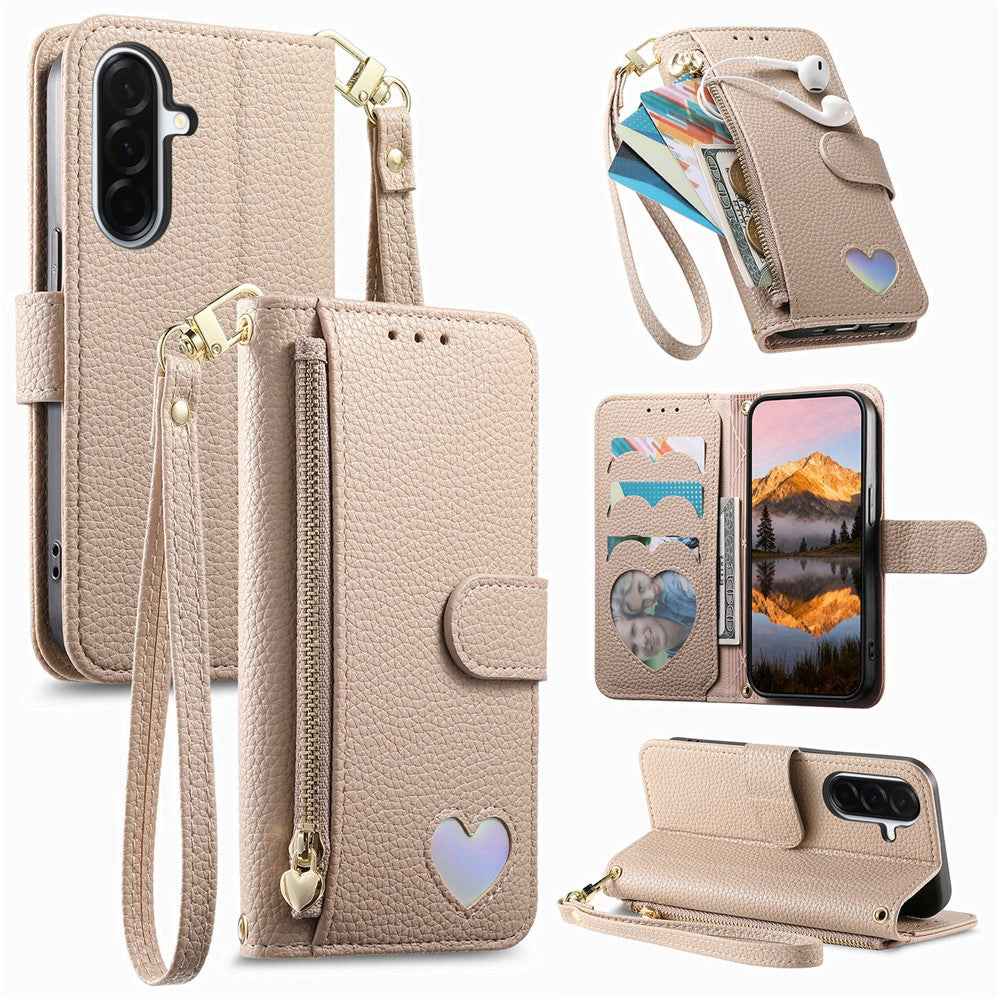 For Samsung Galaxy A57 5G Case Zipper Pocket  TPU PU Leather Wallet Phone Cover with Strap - Khaki
