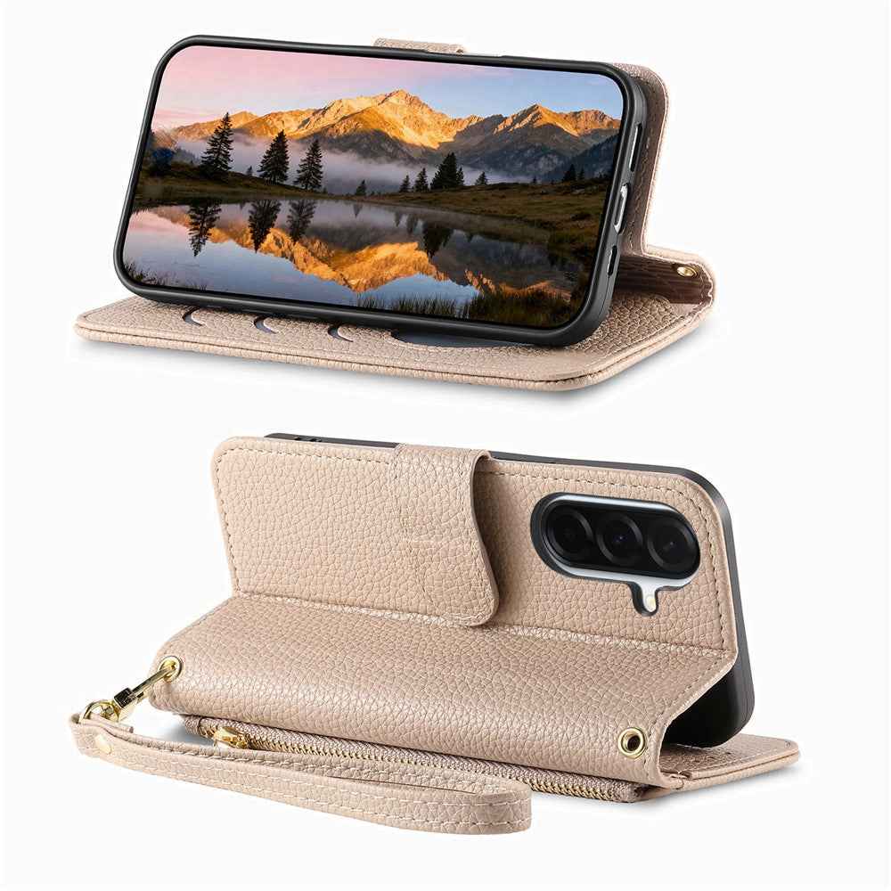 For Samsung Galaxy A57 5G Case Zipper Pocket  TPU PU Leather Wallet Phone Cover with Strap - Khaki