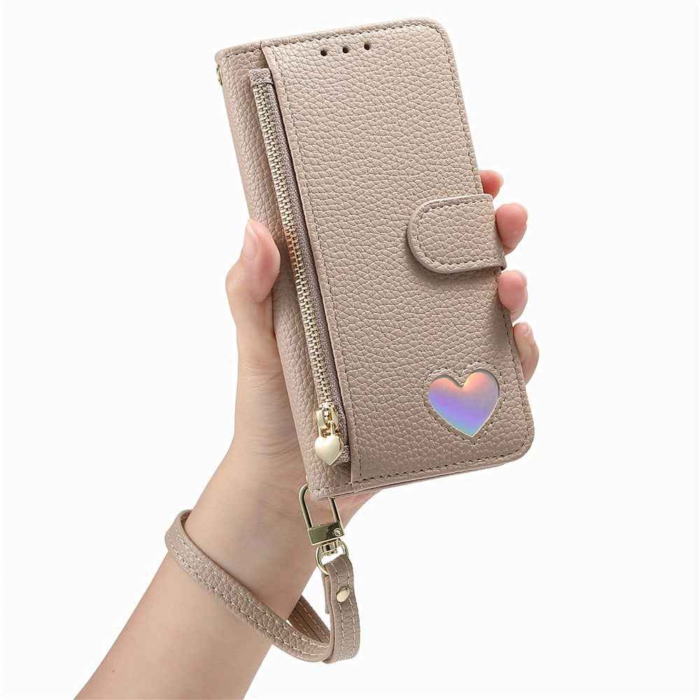 For Samsung Galaxy A57 5G Case Zipper Pocket  TPU PU Leather Wallet Phone Cover with Strap - Khaki