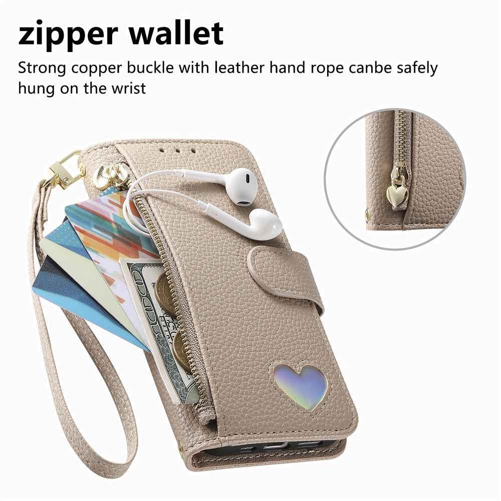 For Samsung Galaxy A57 5G Case Zipper Pocket  TPU PU Leather Wallet Phone Cover with Strap - Khaki