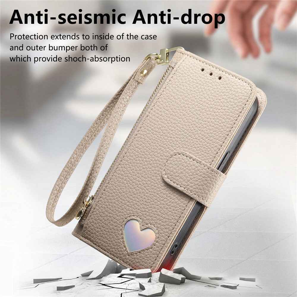 For Samsung Galaxy A57 5G Case Zipper Pocket  TPU PU Leather Wallet Phone Cover with Strap - Khaki
