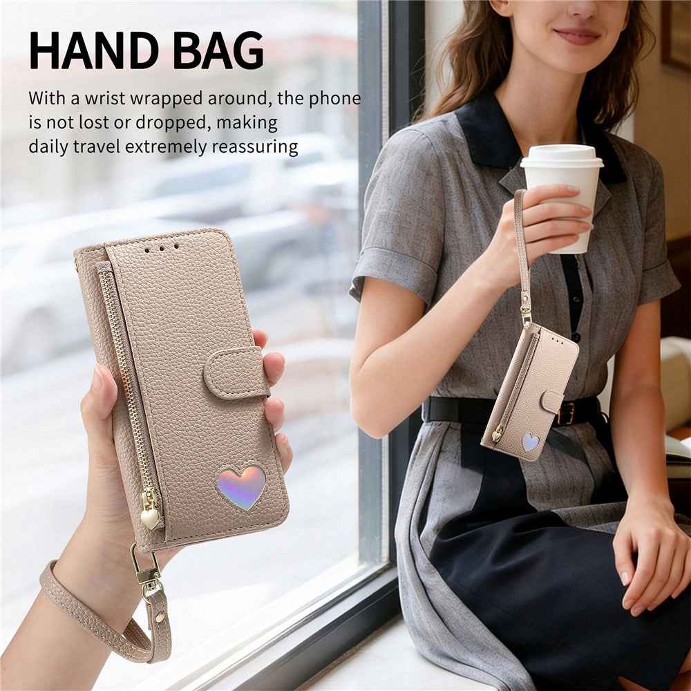 For Samsung Galaxy A57 5G Case Zipper Pocket  TPU PU Leather Wallet Phone Cover with Strap - Khaki