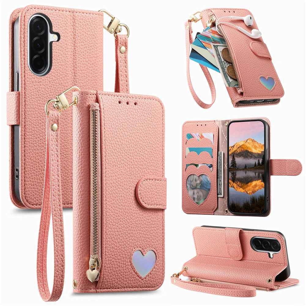 For Samsung Galaxy A57 5G Case Zipper Pocket  TPU PU Leather Wallet Phone Cover with Strap - Pink