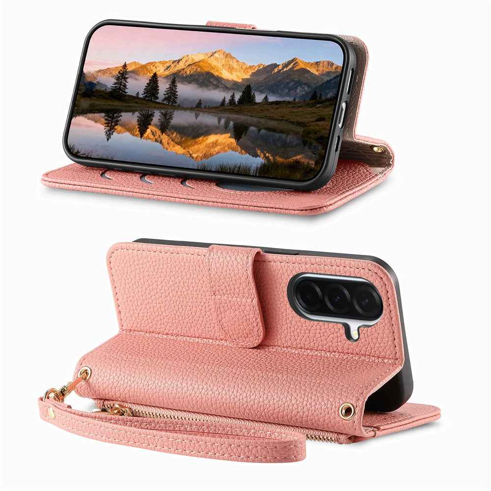 For Samsung Galaxy A57 5G Case Zipper Pocket  TPU PU Leather Wallet Phone Cover with Strap - Pink