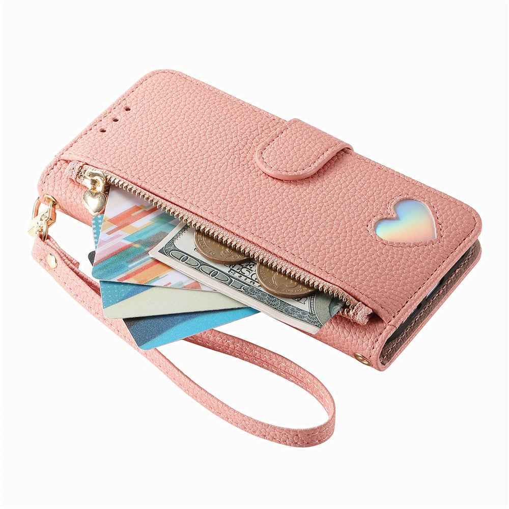 For Samsung Galaxy A57 5G Case Zipper Pocket  TPU PU Leather Wallet Phone Cover with Strap - Pink