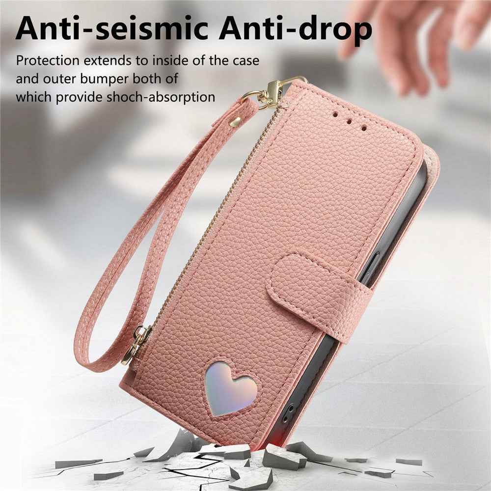 For Samsung Galaxy A57 5G Case Zipper Pocket  TPU PU Leather Wallet Phone Cover with Strap - Pink
