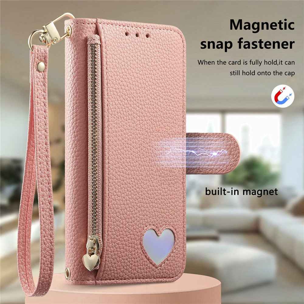 For Samsung Galaxy A57 5G Case Zipper Pocket  TPU PU Leather Wallet Phone Cover with Strap - Pink