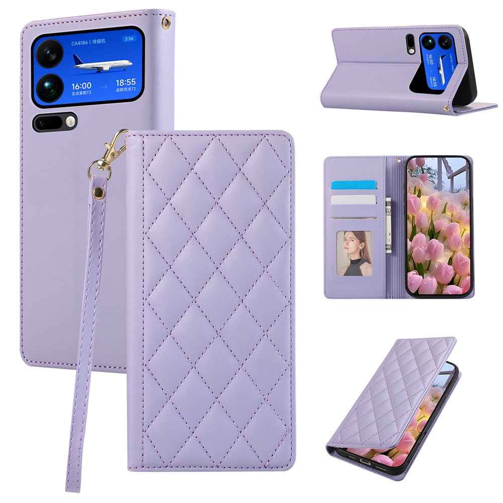 For Xiaomi 17 Pro Case RFID Blocking Wallet Stand Rhombus Leather Phone Cover with Wrist Strap - Purple