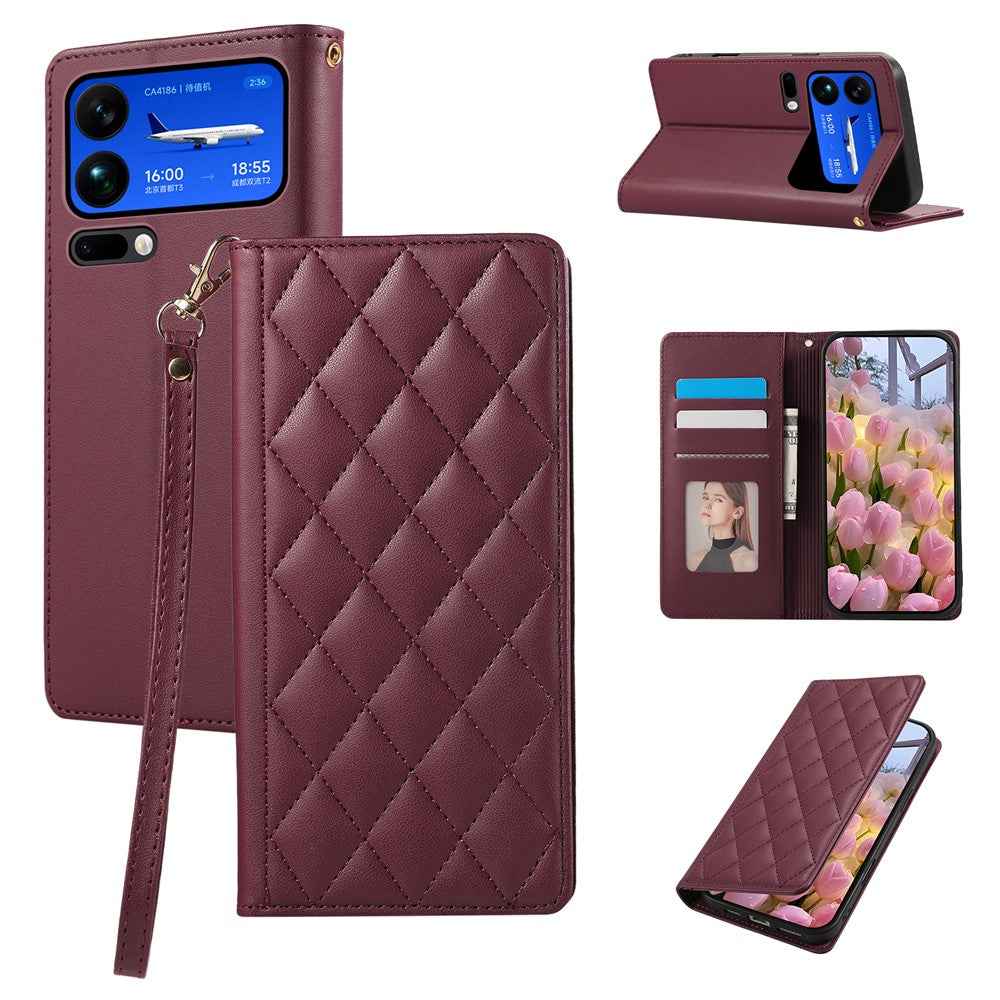 For Xiaomi 17 Pro Case RFID Blocking Wallet Stand Rhombus Leather Phone Cover with Wrist Strap - Red