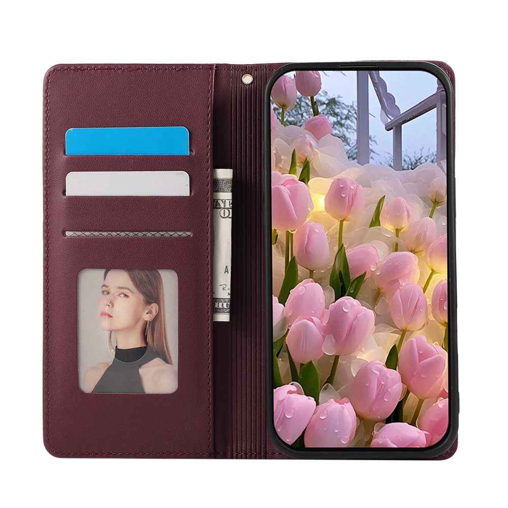 For Xiaomi 17 Pro Case RFID Blocking Wallet Stand Rhombus Leather Phone Cover with Wrist Strap - Red