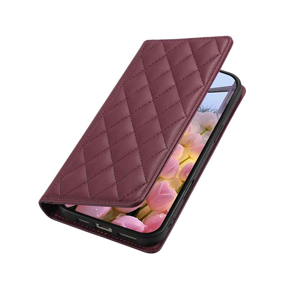 For Xiaomi 17 Pro Case RFID Blocking Wallet Stand Rhombus Leather Phone Cover with Wrist Strap - Red