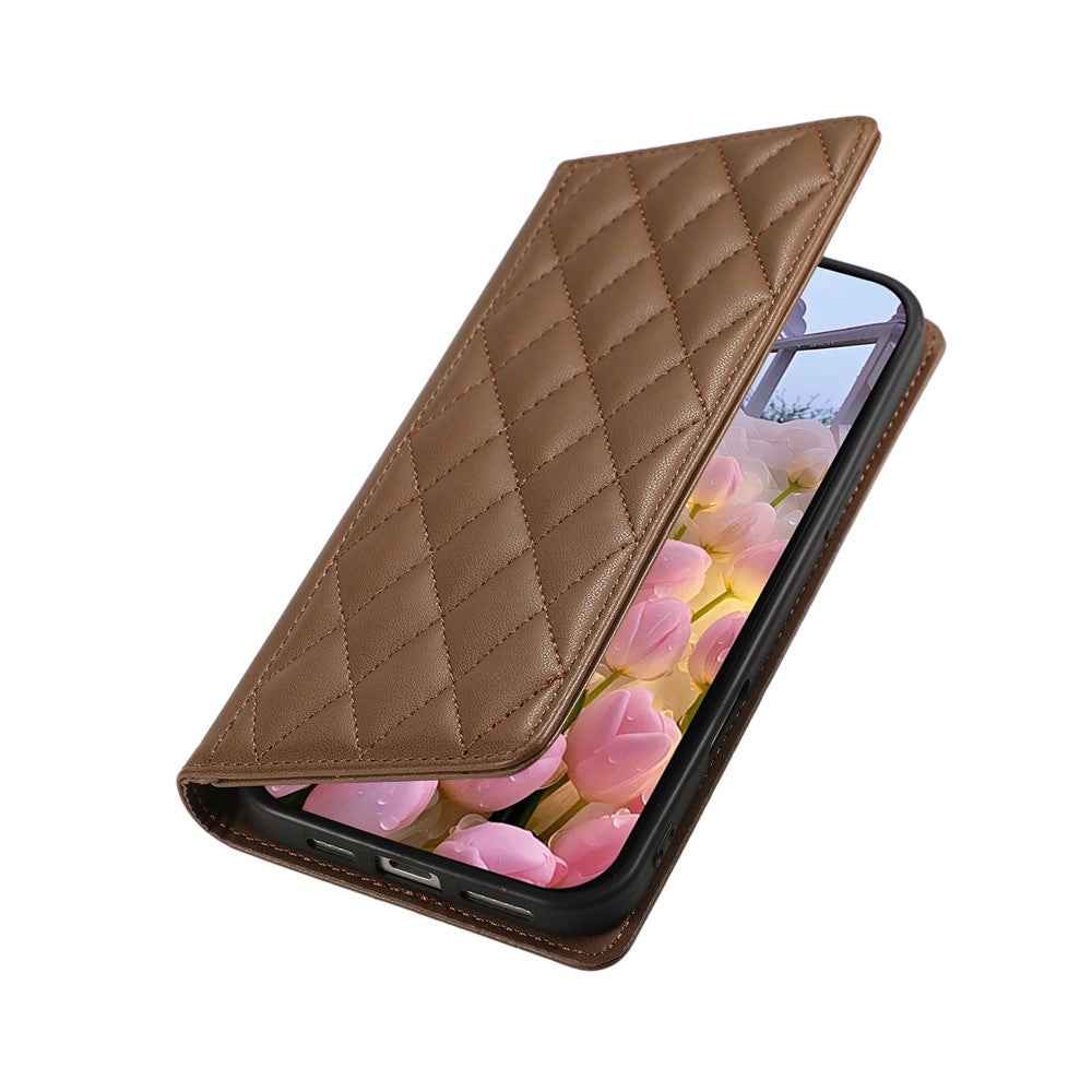 For Xiaomi 17 Pro Case RFID Blocking Wallet Stand Rhombus Leather Phone Cover with Wrist Strap - Brown