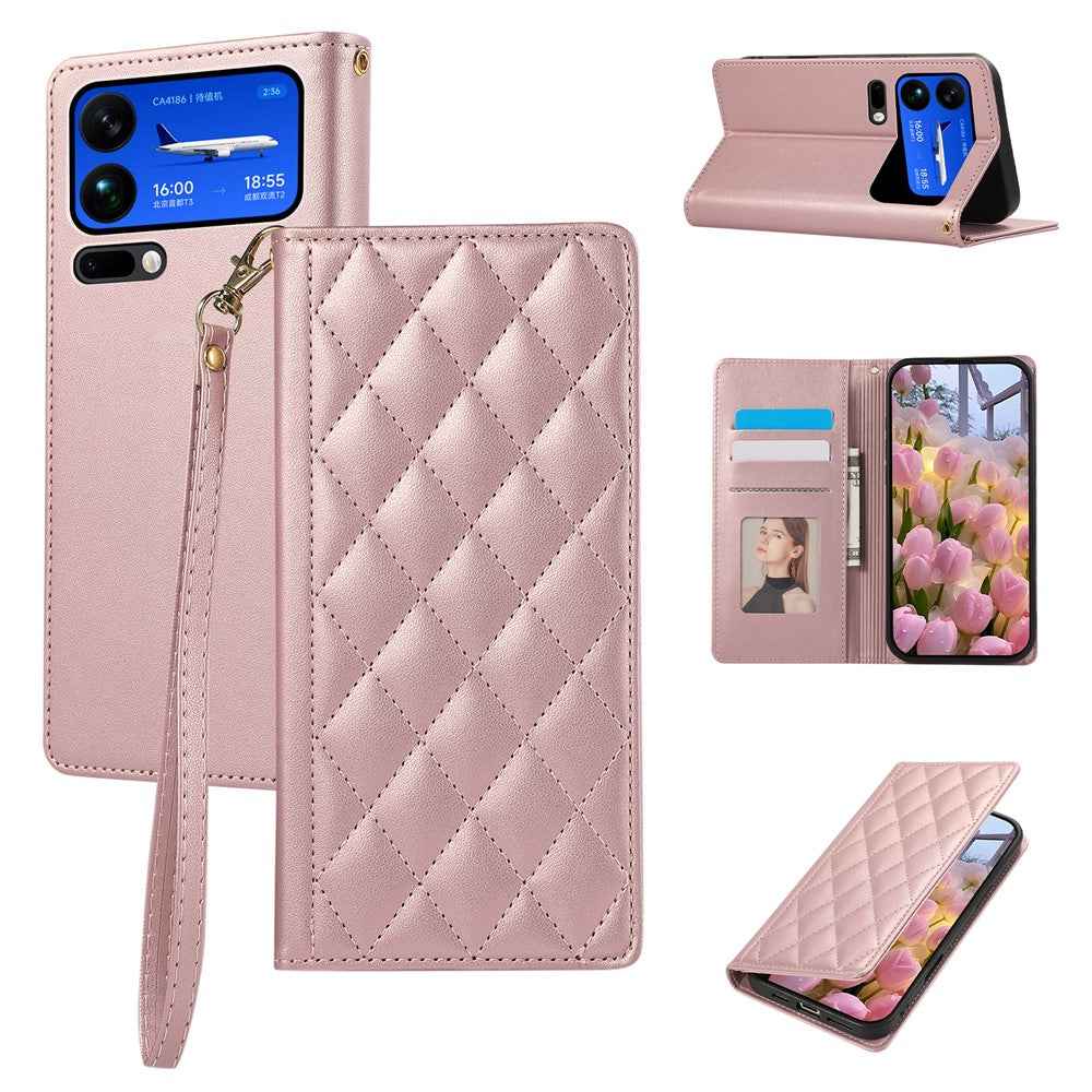 For Xiaomi 17 Pro Case RFID Blocking Wallet Stand Rhombus Leather Phone Cover with Wrist Strap - Rose Gold