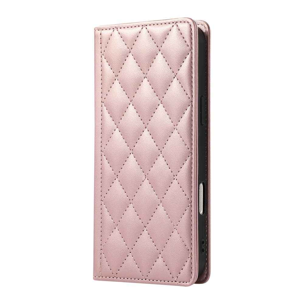 For Xiaomi 17 Pro Case RFID Blocking Wallet Stand Rhombus Leather Phone Cover with Wrist Strap - Rose Gold