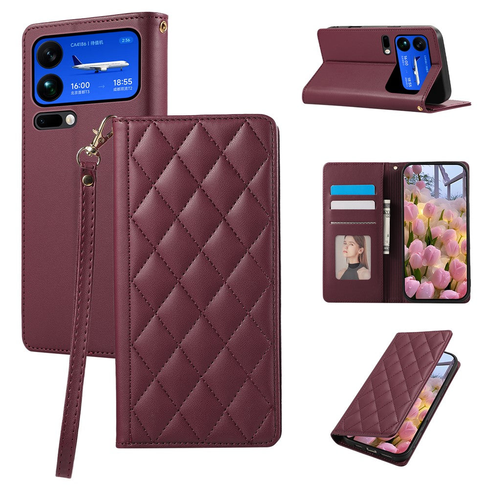 For Xiaomi 17 Pro Max Case RFID Blocking Wallet Stand Rhombus Leather Phone Cover with Wrist Strap - Red