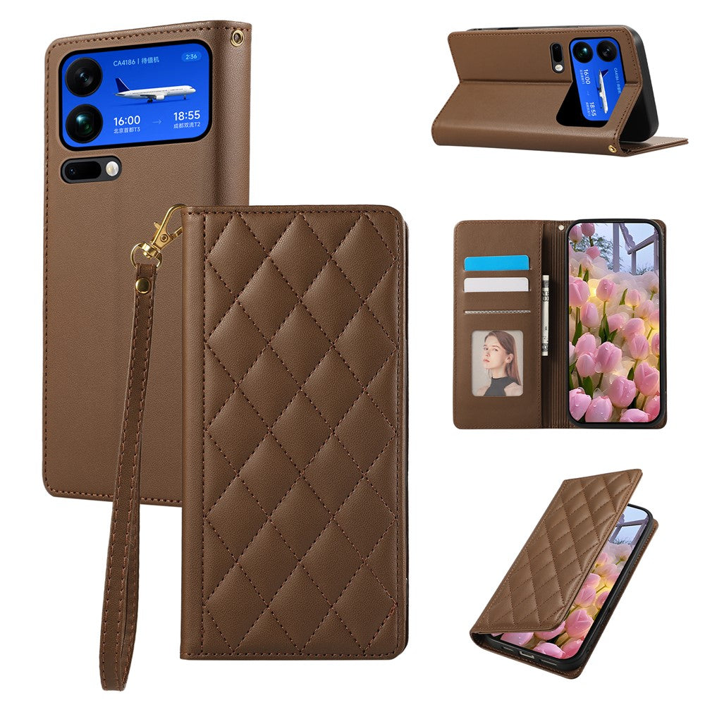 For Xiaomi 17 Pro Max Case RFID Blocking Wallet Stand Rhombus Leather Phone Cover with Wrist Strap - Brown