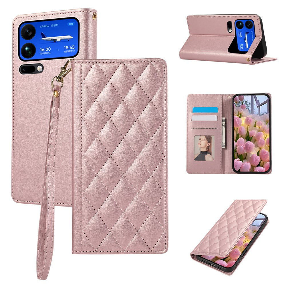 For Xiaomi 17 Pro Max Case RFID Blocking Wallet Stand Rhombus Leather Phone Cover with Wrist Strap - Rose Gold