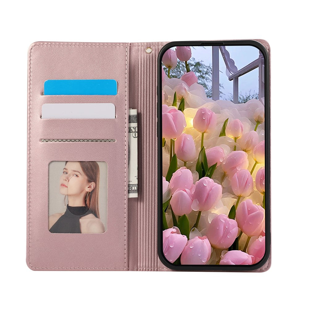 For Xiaomi 17 Pro Max Case RFID Blocking Wallet Stand Rhombus Leather Phone Cover with Wrist Strap - Rose Gold