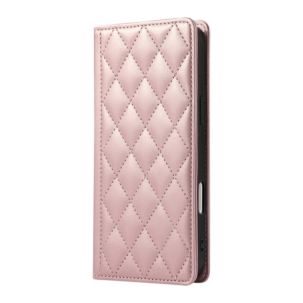 For Xiaomi 17 Pro Max Case RFID Blocking Wallet Stand Rhombus Leather Phone Cover with Wrist Strap - Rose Gold