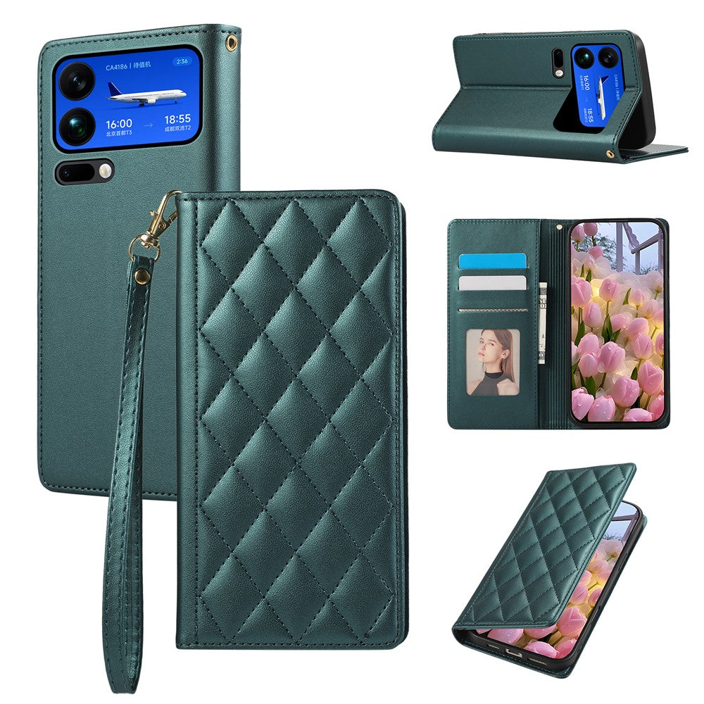 For Xiaomi 17 Pro Max Case RFID Blocking Wallet Stand Rhombus Leather Phone Cover with Wrist Strap - Green