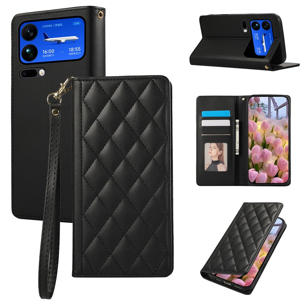 For Xiaomi 17 Pro Max Case RFID Blocking Wallet Stand Rhombus Leather Phone Cover with Wrist Strap - Black