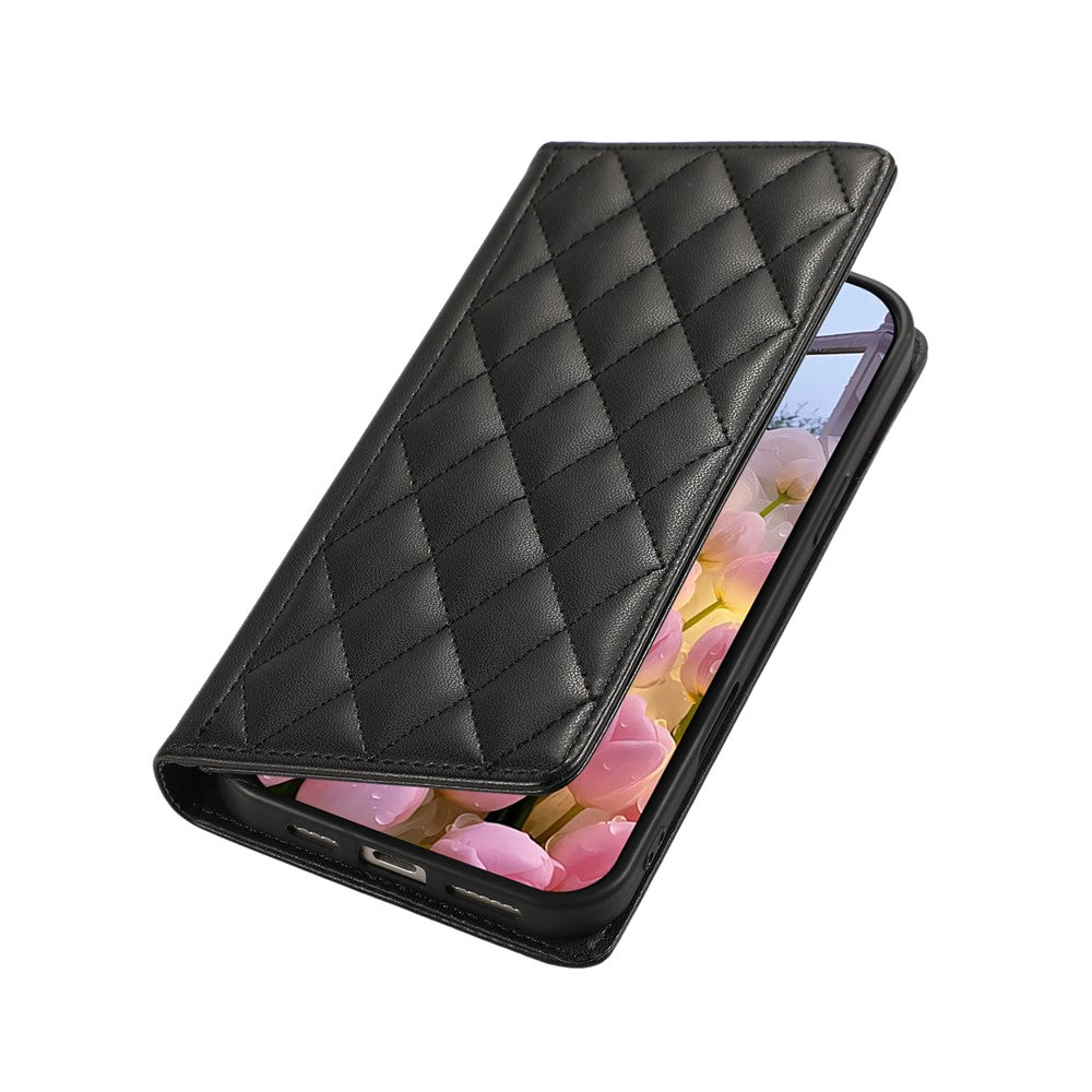 For Xiaomi 17 Pro Max Case RFID Blocking Wallet Stand Rhombus Leather Phone Cover with Wrist Strap - Black