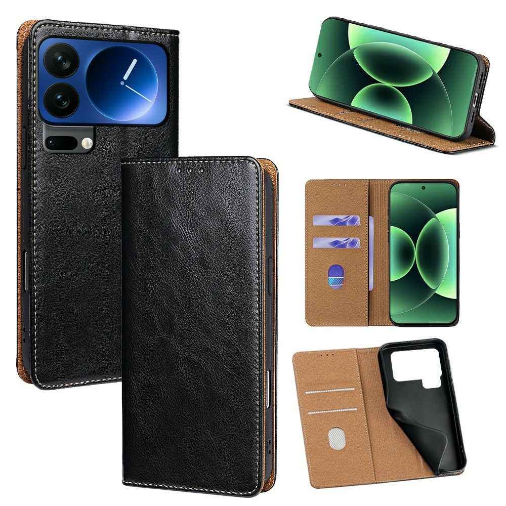 For Xiaomi 17 Pro Case Genuine Cow Leather Stand Mobile Phone Cover with RFID Blocking Wallet - Black