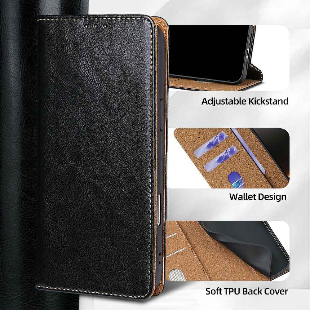 For Xiaomi 17 Pro Case Genuine Cow Leather Stand Mobile Phone Cover with RFID Blocking Wallet - Black